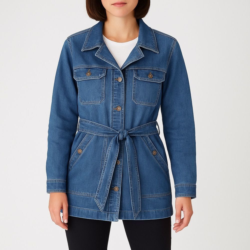 Duluth Trading Daily Denim Trench Coat Sz XL Belted Utility Jean Jacket Workwear